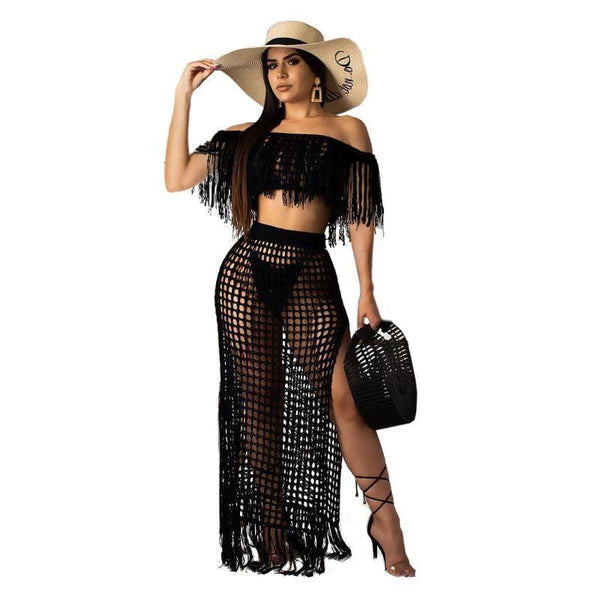 Women Sexy Hollow Out Tassels Design Off-the-shoulder Crop Top Loose Skirt Knit Set