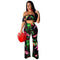 Women Fashion Leaves Print Off-the-shoulder Ruffled Crop Top Wide Leg Pants Set