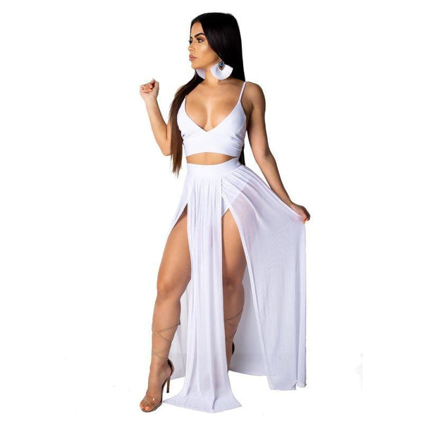 Women Sexy Chiffon Solid Color V Neck Camisole High-waisted Slit Skirt Set