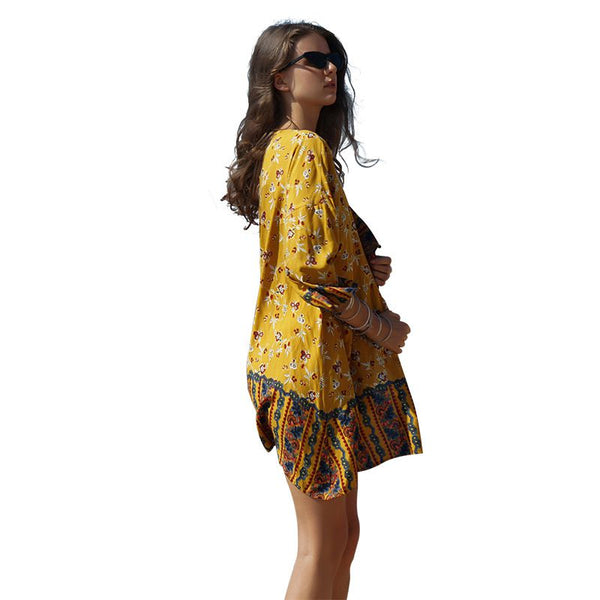 Ethnic Style Women Floral Print Short Length Sun-protective Cover-ups