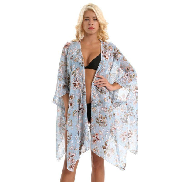 Women Dolman Sleeve Floral Print Ultrathin Sun-protective Cover-ups