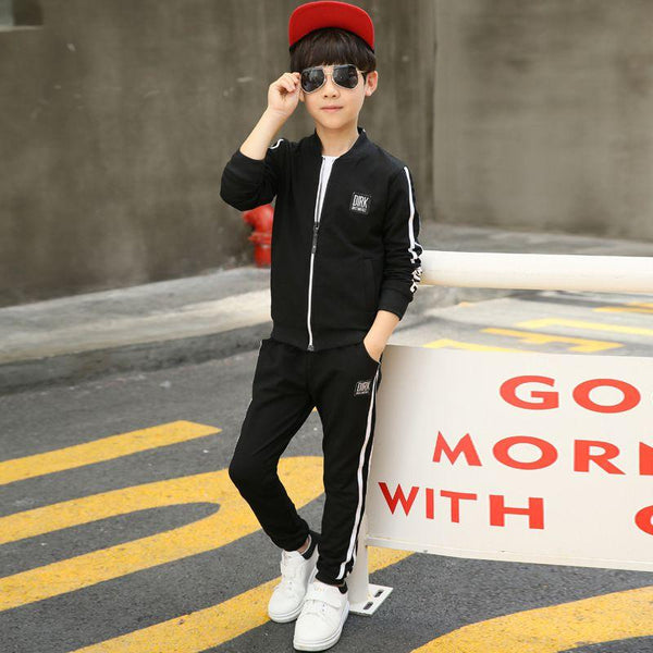 2 Pcs Youth Boys Sports Suit With Zipper Stand Collar Coat And Pants