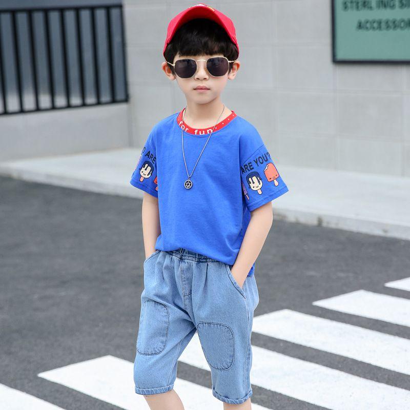 2 Pcs Junior Boys Casual Ice Cream Print Tees And Denim Shorts Set