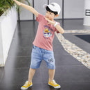 2 Pcs Junior Boys Cartoon Print Tops And Denim Shorts