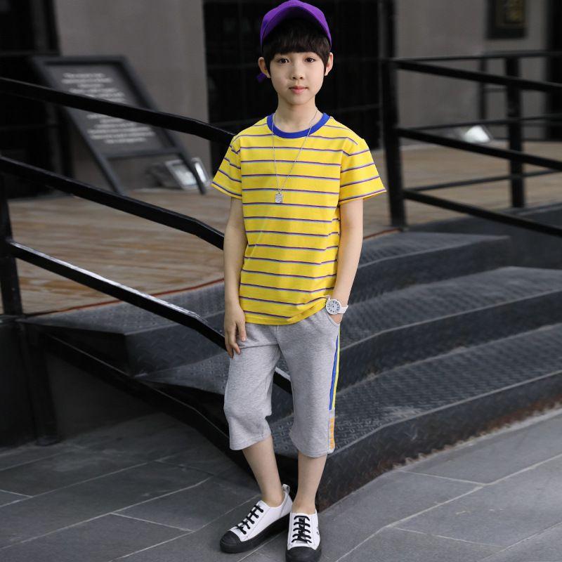 2 Pcs Junior Boys Striped Print Short Sleeves Tees And Drawstring Shorts