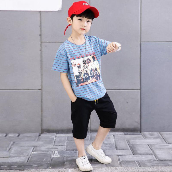 2 Pcs Junior Boys Striped Print Tees And Drawstring Shorts