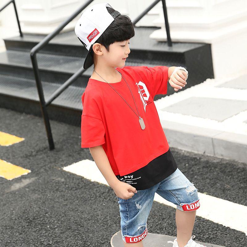 2 Pcs Youth Boys Patchwork Tees And Denim Shorts