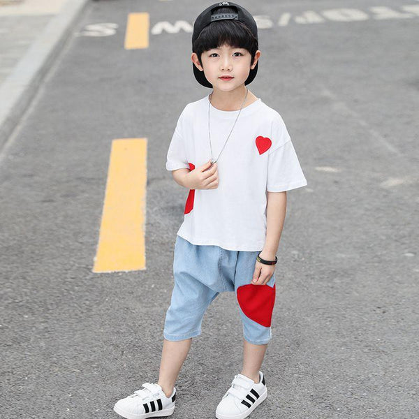 2 Pcs Youth Boys Love Heart Print Short Sleeves And Denim Shorts