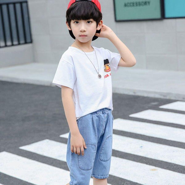 2 Pcs Youth Boys Cartoon Letters Print T-shirts And Denim Shorts