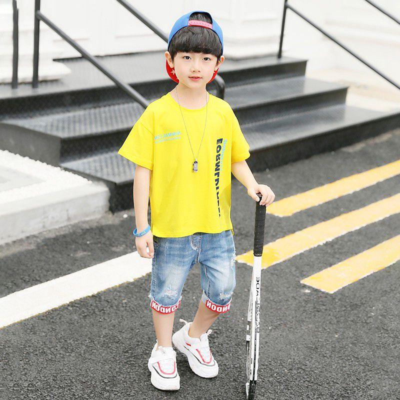 2 Pcs Junior Boys Letters Print Tops And Ripped Denim Shorts