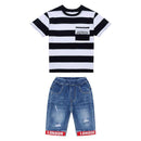 2 Pcs Youth Boys Striped Print Short Sleeves And Denim Shorts