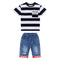 2 Pcs Youth Boys Striped Print Short Sleeves And Denim Shorts