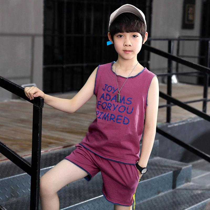 2 Pcs Junior Boys Letters Print Vest And Shorts Set