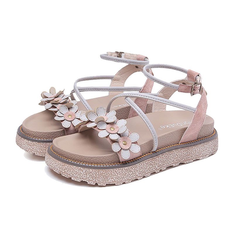 Flower Pattern Crossed Buckle Strap Open-toe Platform Shoes