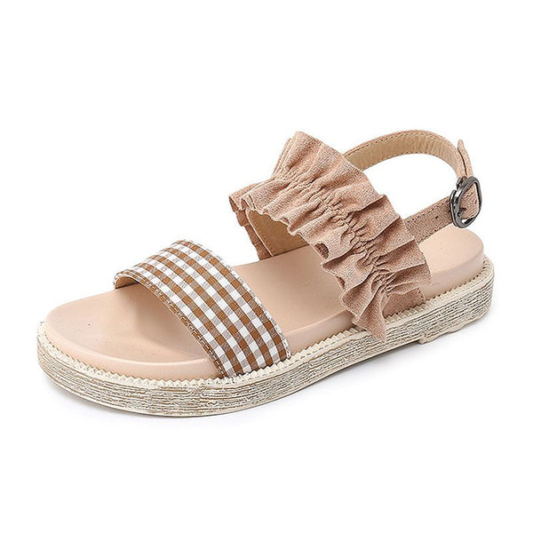 Fashion Upper Plaid Print Ruffled Design Women Fashion Sandals Shoes