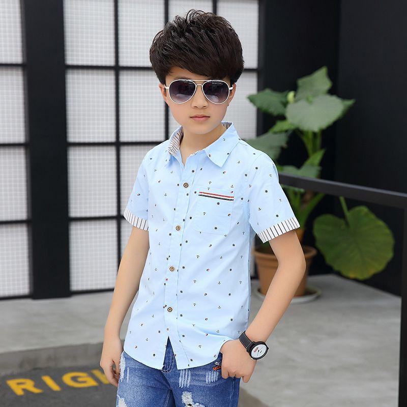 Boys Anchor Print Pocket Design Short Sleeves Shirt