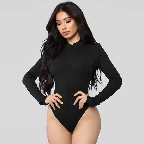 Women Rib-knit Pattern Solid Color Long-sleeve Zipper Design Bodysuit