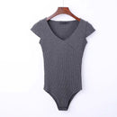Casual Rib-knit Pattern Short-sleeve Basic Tight Bodysuit