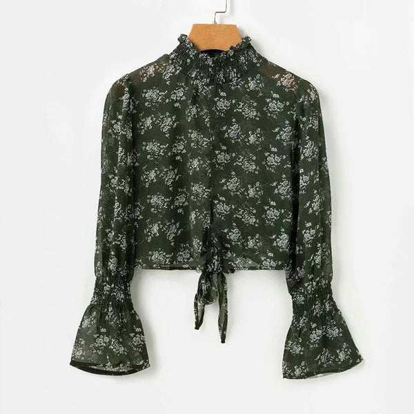 Casual Knotted Design Flower Print Flare Sleeve Elegant Blouse