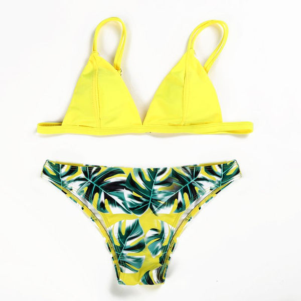 Fashion Summer Tropical Leaves Printed Two-pieces Bikinis Swimwear