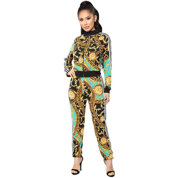 Fashion Long-sleeve Floral Print Women Zipper Pattern Workout Two-pieces Set