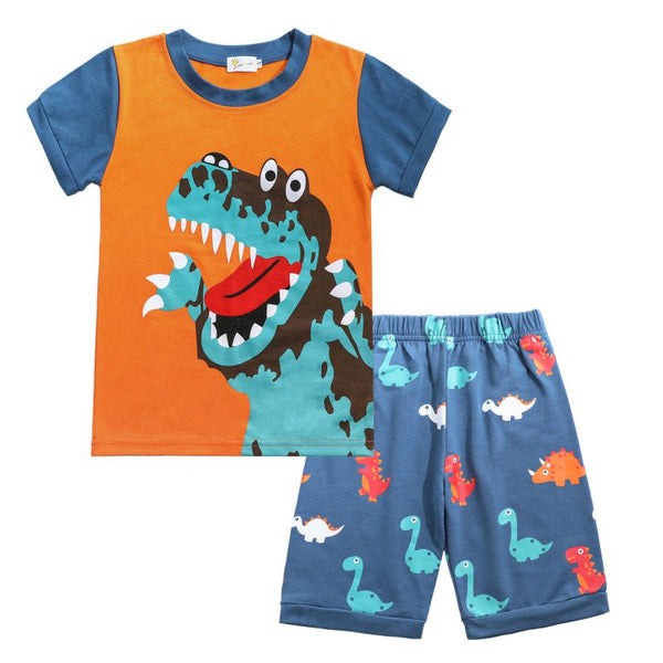 2 Pcs Boys Cotton Dinosaur Print Tops And Shorts Sleepwear Set