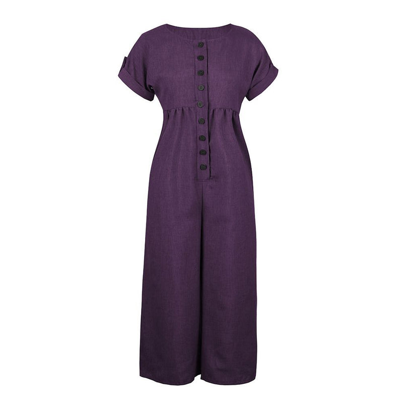 Hot Sale Short-sleeve Single-breasted Solid Color Casual Jumpsuits