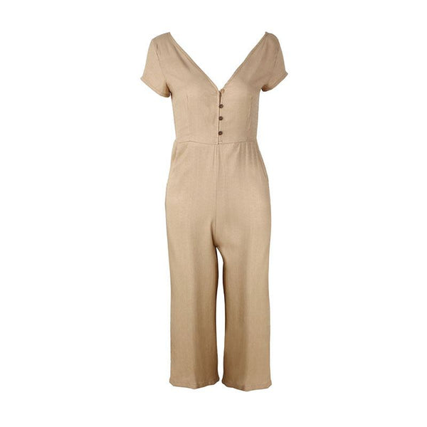 Casual Solid Color Short Sleeve V Neck Cropped Jumpsuits