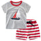 2 Pcs Boys Printed Tops And Striped Print Lace-up Shorts Pajamas Suit
