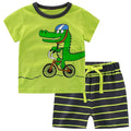 2 Pcs Boys Cartoon Crocodile Print Tops And Shorts Pajamas Suit