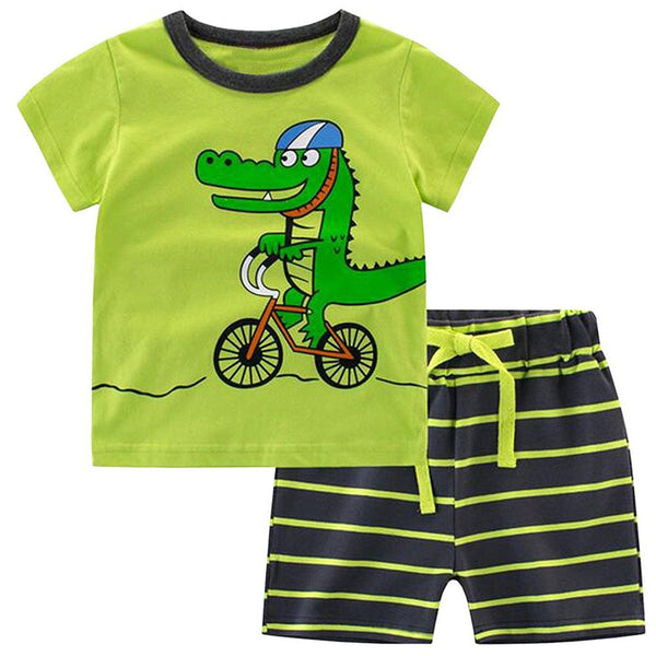 2 Pcs Boys Cartoon Crocodile Print Tops And Shorts Pajamas Suit