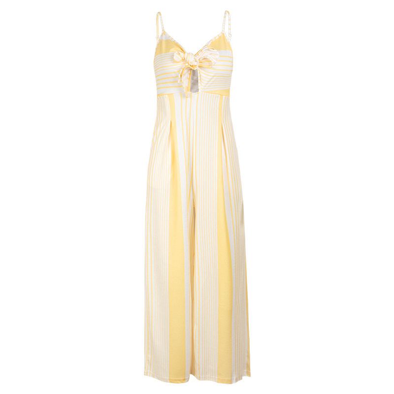 Fresh Style Contrast Stripes Pattern Women Knotted Sexy Jumpsuits