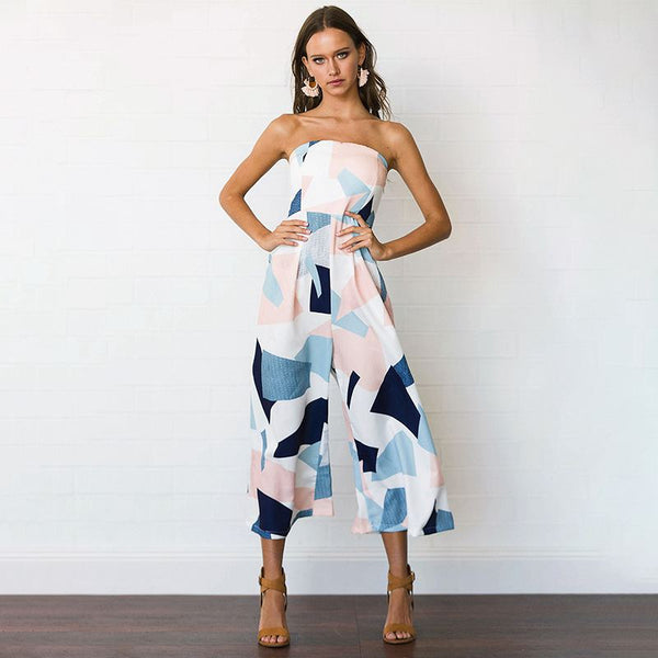 Contrast Geometric Print Summer Casual Tube Pattern Jumpsuits