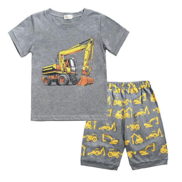 2 Pcs Boys Excavator Print Tees And Shorts Pajamas Set