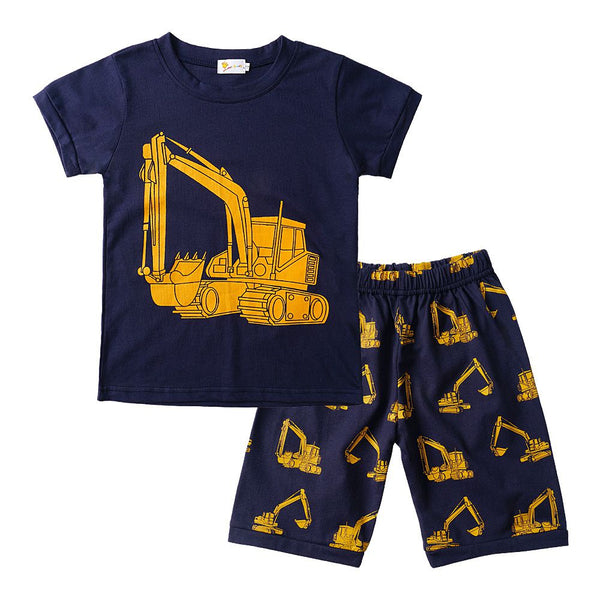 2 Pcs Boys Cotton Cartoon Excavator Print Tops And Shorts Sleepwear Set