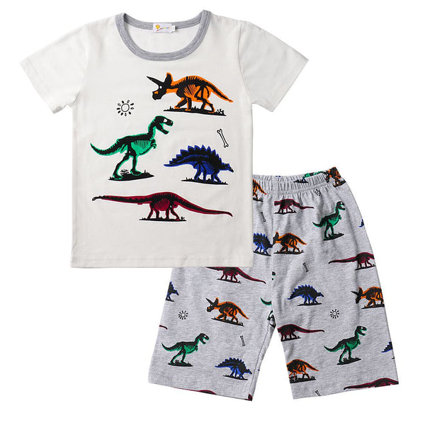 2 Pcs Boys Cartoon Dinosaur Print Tops And Shorts Sleepwear Set