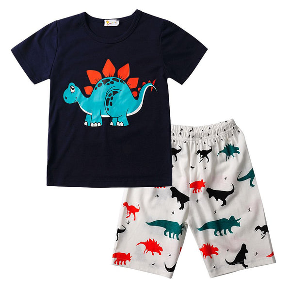 2 Pcs Boys Fashion Dinosaur Print Tops And Shorts Pajamas Set