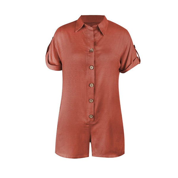 Casual Solid Color Short Sleeve Single-breasted Rompers