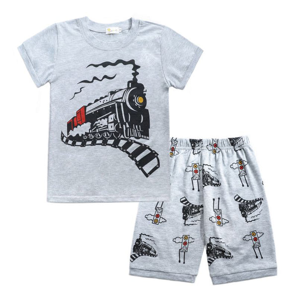 2 Pcs Boys Train Print Short Sleeves And Shorts Pajamas Suit