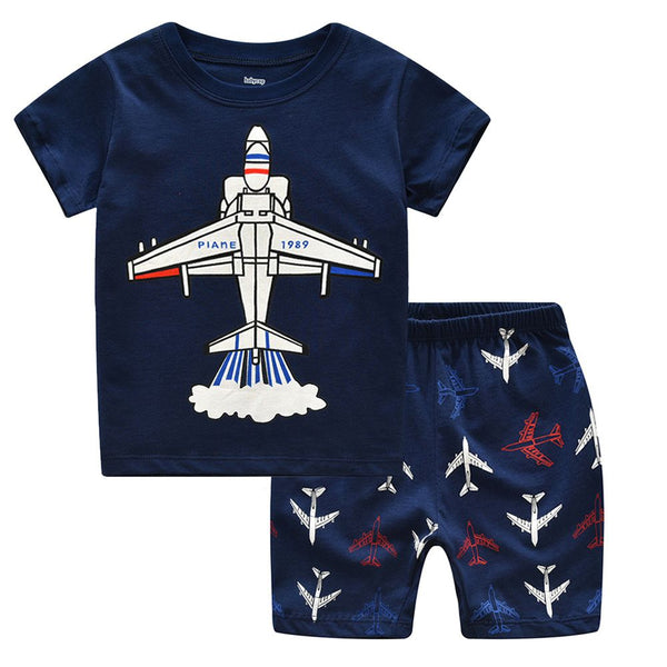 2 Pcs Boys Airplane Print Tees And Shorts Sleepwear Suit