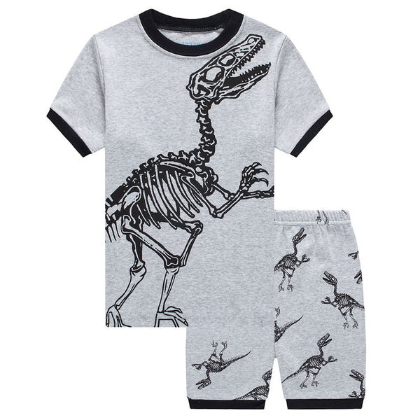 2 Pcs Boys Grey Dinosaur Print T-shirts And Shorts Pajamas Set
