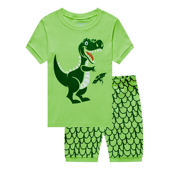 2 Pcs Boys Green Dinosaur Print Tops And Shorts Sleepwear Set