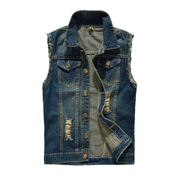 Men Pocket Design Ripped Buttoned Denim Vests