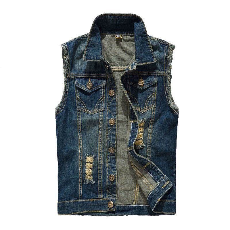 Men Pocket Design Ripped Buttoned Denim Vests