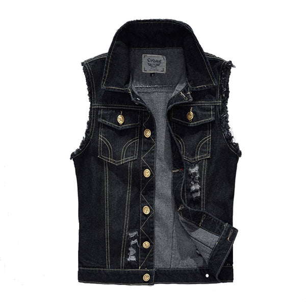 Men Fashion Ripped Denim Sleeveless Jackets
