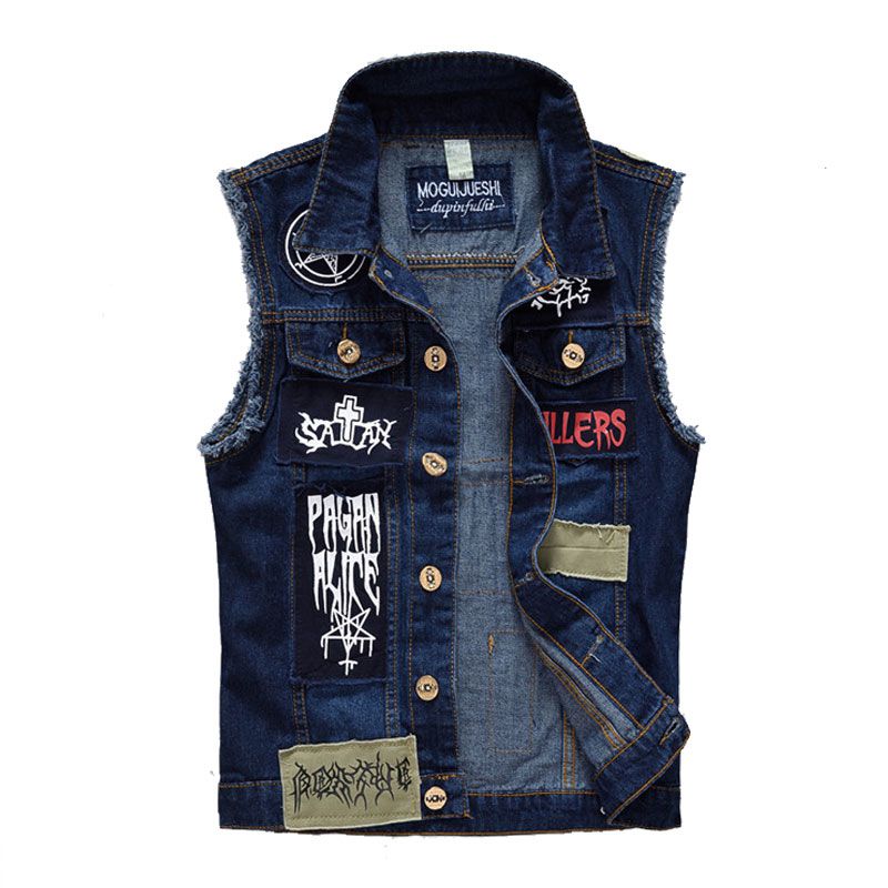 Men Cotton Fashion Print Applique Denim Vests