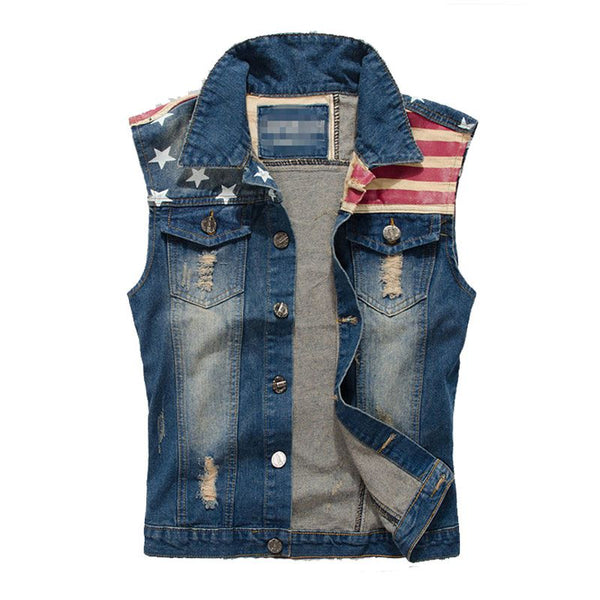 Men Cotton Fashion Print Casual Denim Vests