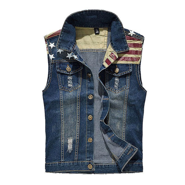 Men Cotton Print Ripped Denim Vests