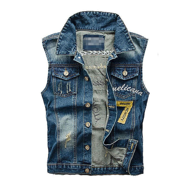 Men Cotton Letter Embroidered Denim Vests