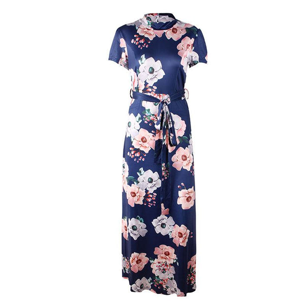 Mock Neck Floral Pattern Defined Waist Sash Decor Maxi Dress